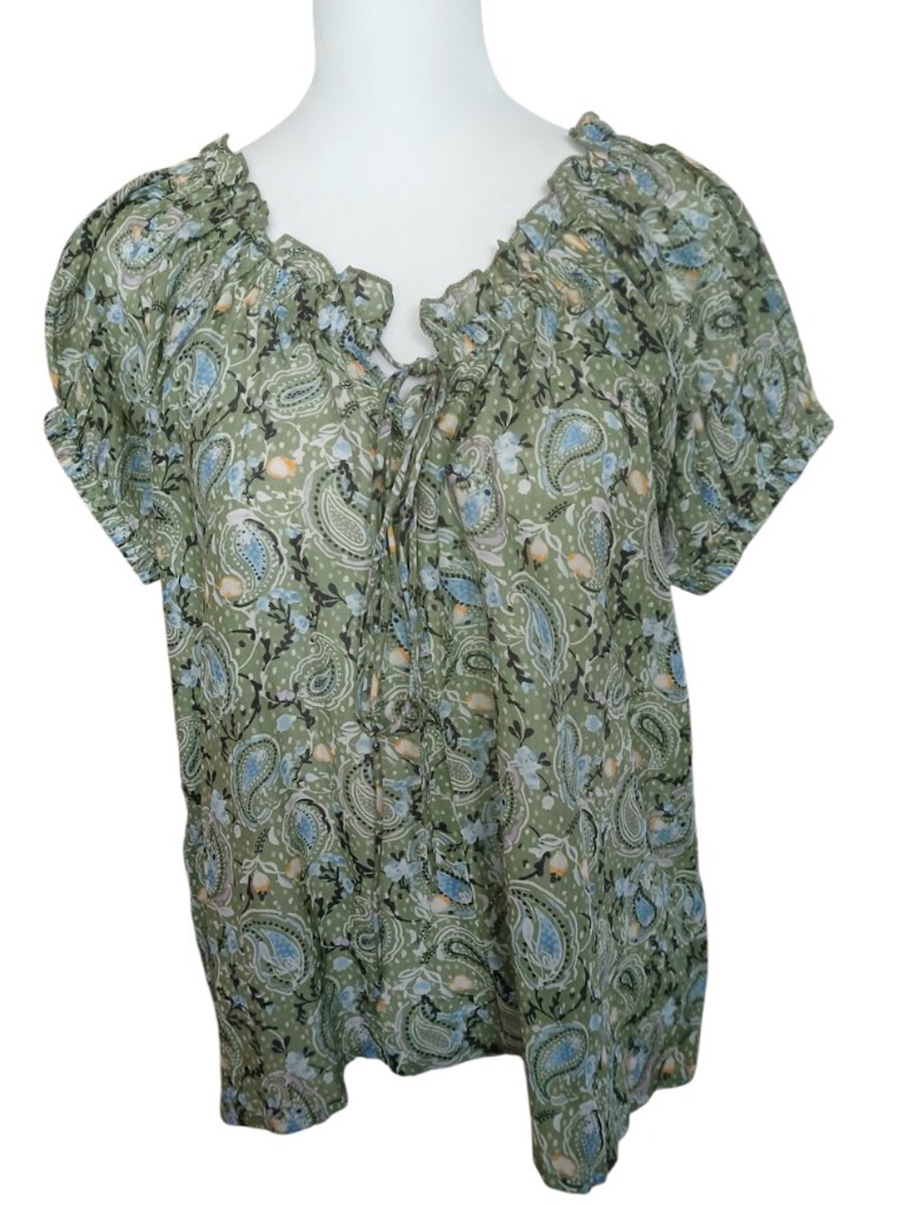 Roller Rabbit sage green cotton silk paisley peasant blouse size M